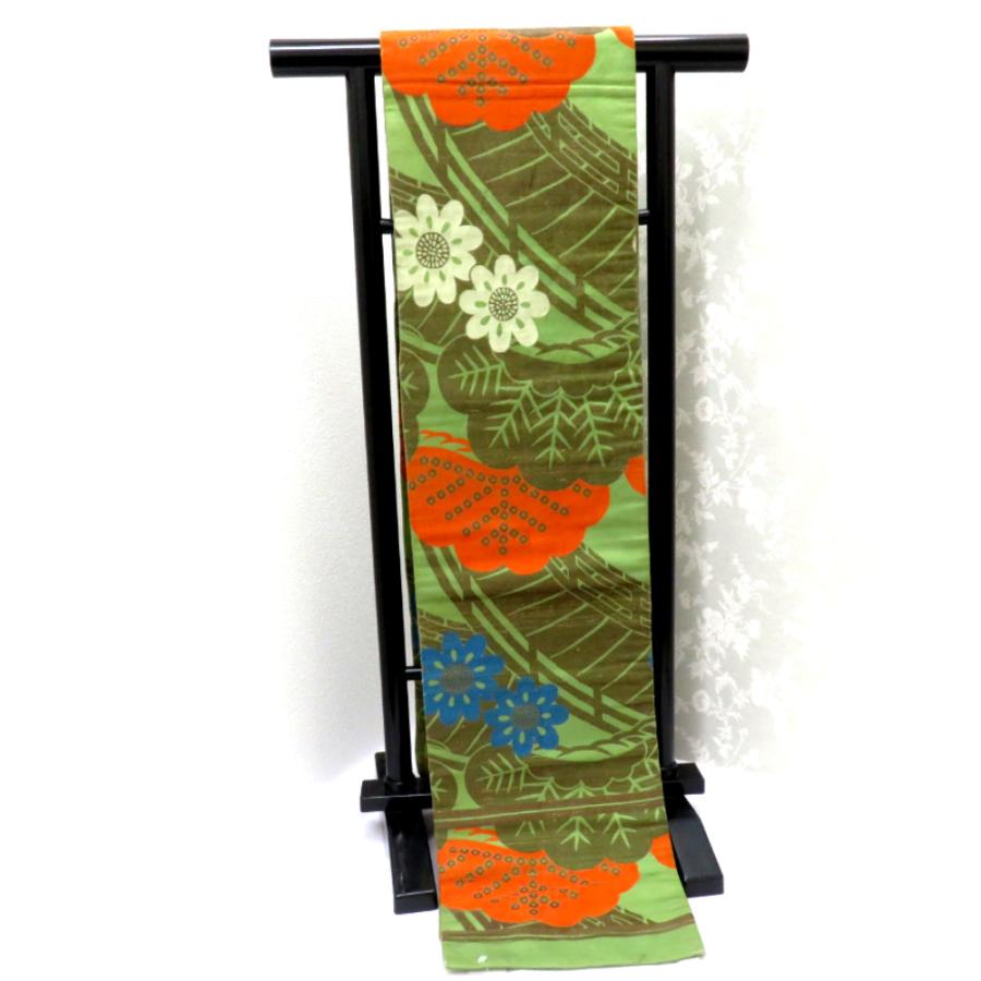 昔 子供帯 アンティーク 正絹 丸帯仕立 緑 白 オレンジ 青 茶 橋 松 花 レトロ 大正ロマン 昔着物 長さ336cm |  | 01