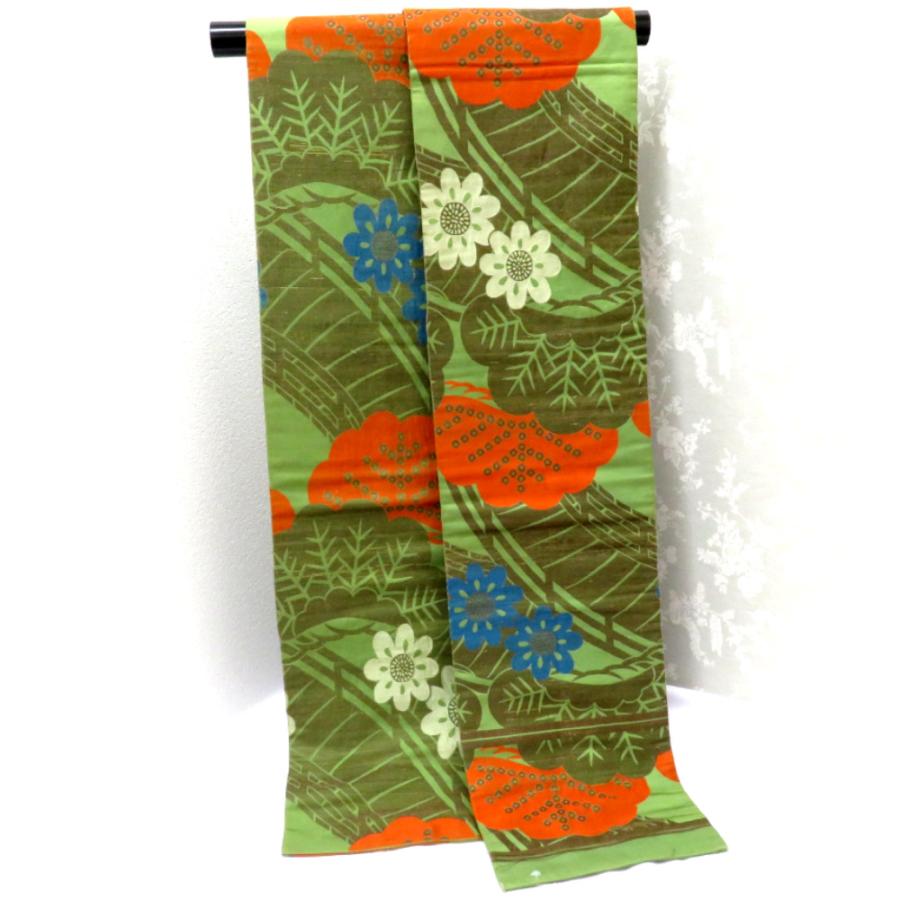 昔 子供帯 アンティーク 正絹 丸帯仕立 緑 白 オレンジ 青 茶 橋 松 花 レトロ 大正ロマン 昔着物 長さ336cm |  | 02