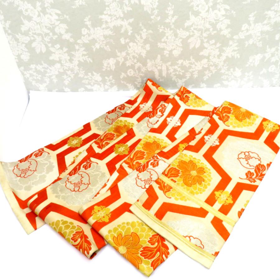 昔 子供帯 アンティーク 正絹 丸帯仕立 ベージュ オレンジ 金 銀 亀甲調 花  レトロ 大正ロマン 昔着物 長さ347cm | 