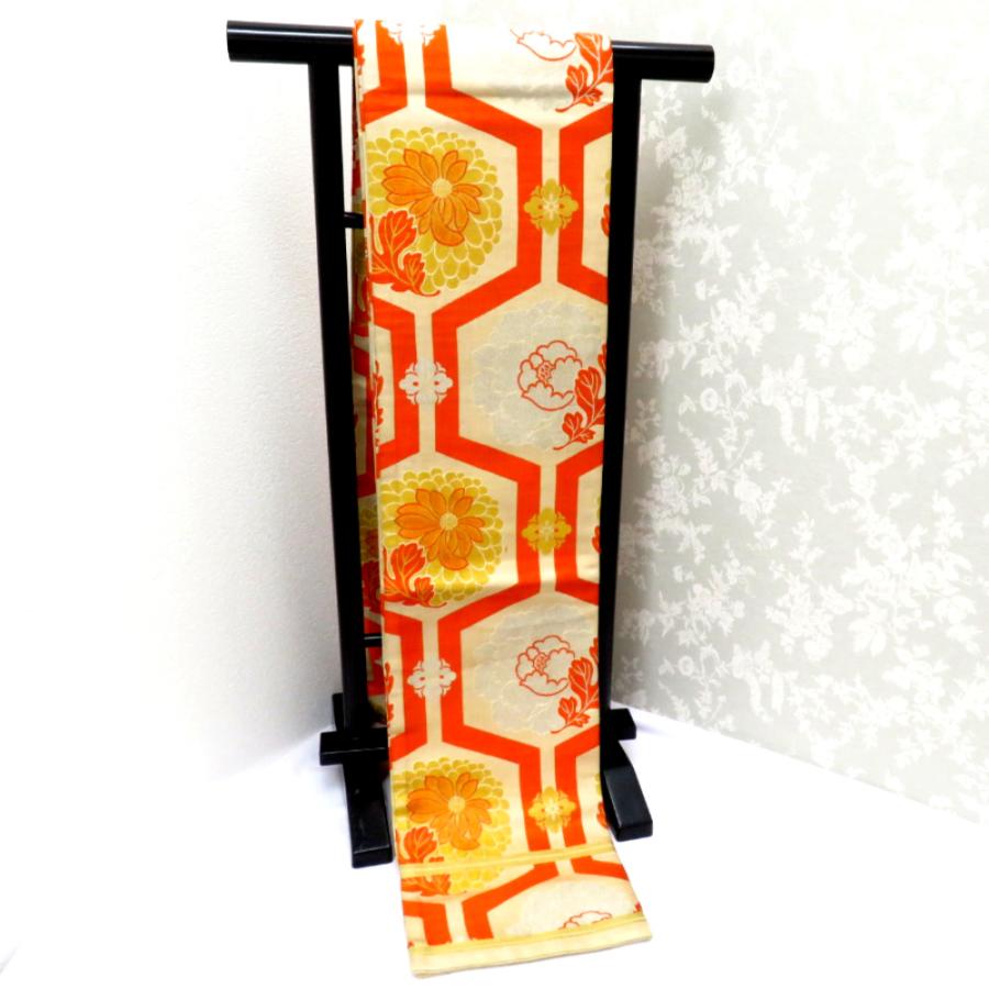 昔 子供帯 アンティーク 正絹 丸帯仕立 ベージュ オレンジ 金 銀 亀甲調 花  レトロ 大正ロマン 昔着物 長さ347cm |  | 01