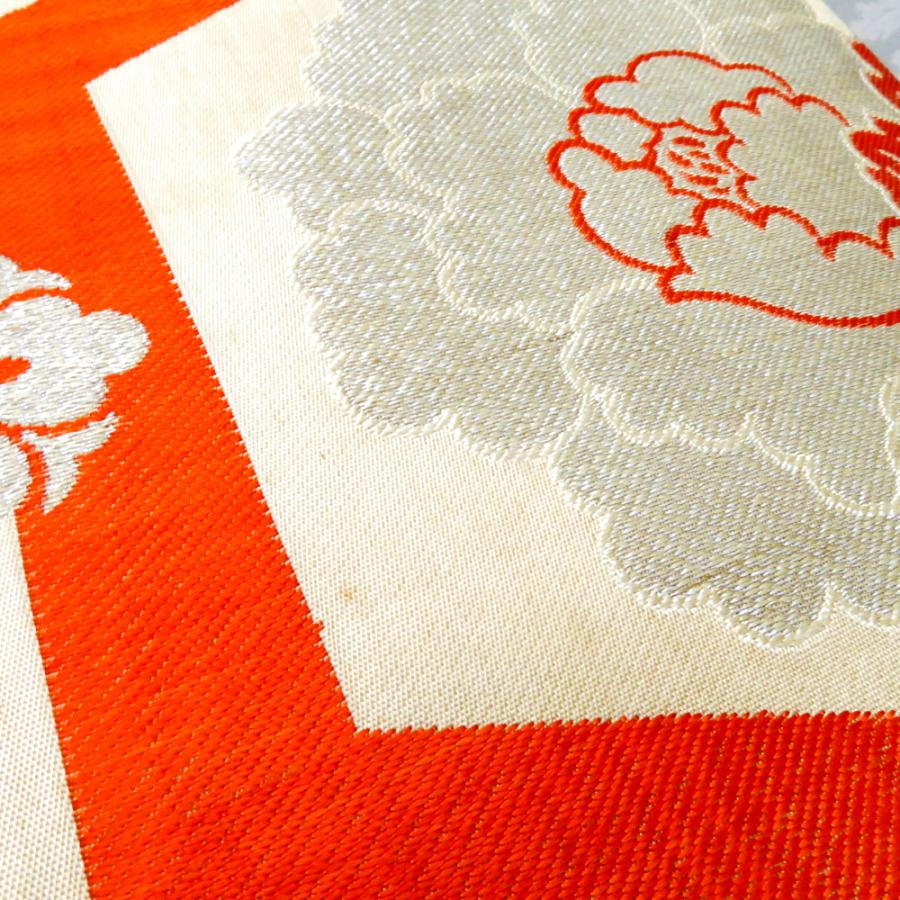 昔 子供帯 アンティーク 正絹 丸帯仕立 ベージュ オレンジ 金 銀 亀甲調 花  レトロ 大正ロマン 昔着物 長さ347cm |  | 04