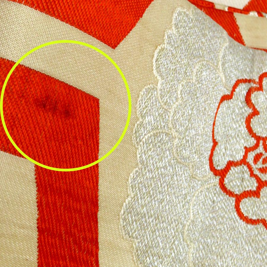 昔 子供帯 アンティーク 正絹 丸帯仕立 ベージュ オレンジ 金 銀 亀甲調 花  レトロ 大正ロマン 昔着物 長さ347cm |  | 05
