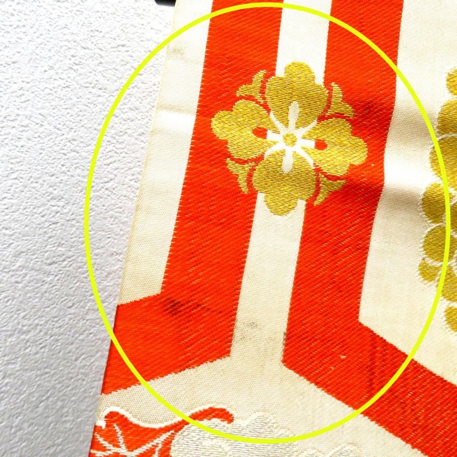 昔 子供帯 アンティーク 正絹 丸帯仕立 ベージュ オレンジ 金 銀 亀甲