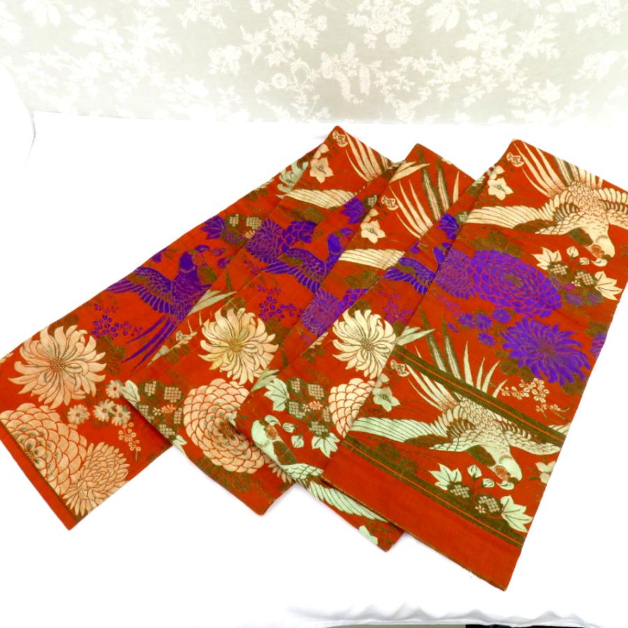 昔 子供帯 アンティーク 正絹 丸帯仕立 オレンジ ベージュ 紫 茶 鳥 セキセイインコ 花 レトロ 大正ロマン 昔着物 長さ321cm | 
