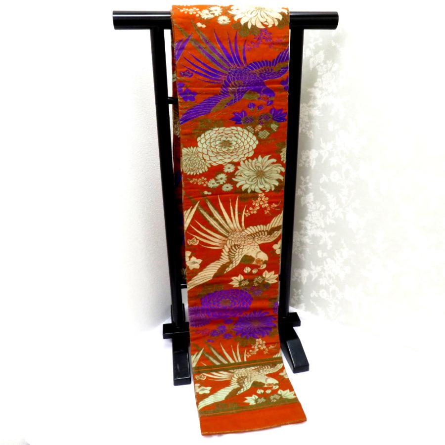 昔 子供帯 アンティーク 正絹 丸帯仕立 オレンジ ベージュ 紫 茶 鳥 セキセイインコ 花 レトロ 大正ロマン 昔着物 長さ321cm |  | 02