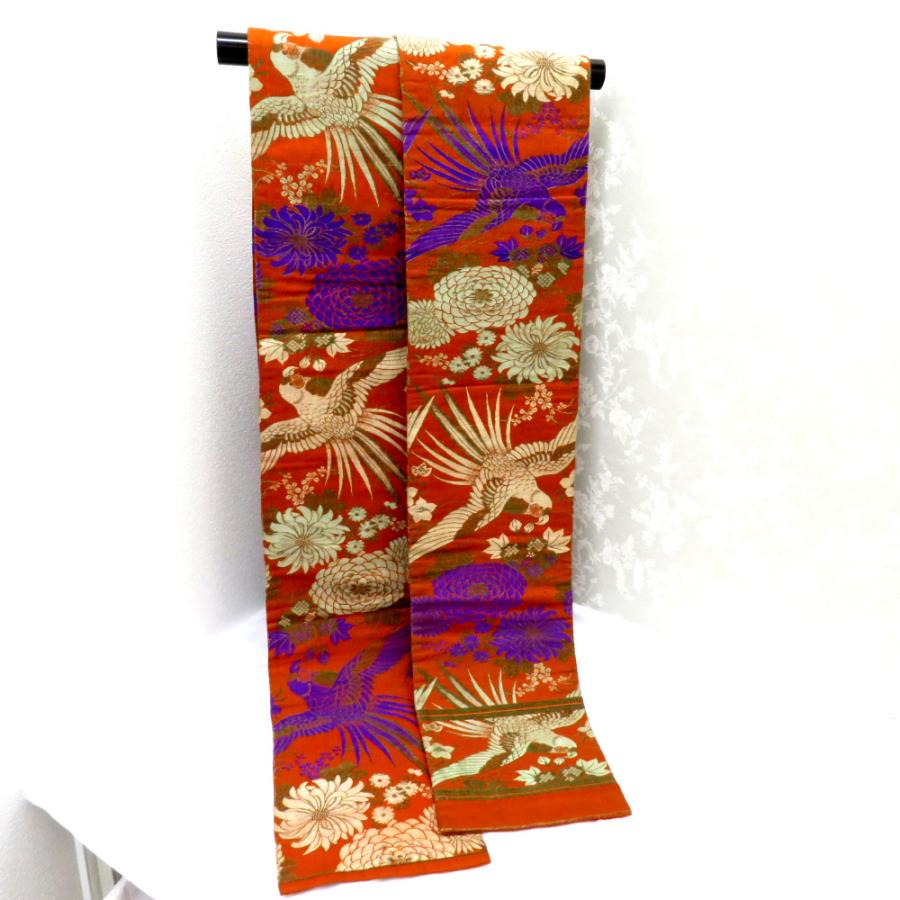 昔 子供帯 アンティーク 正絹 丸帯仕立 オレンジ ベージュ 紫 茶 鳥 セキセイインコ 花 レトロ 大正ロマン 昔着物 長さ321cm |  | 03