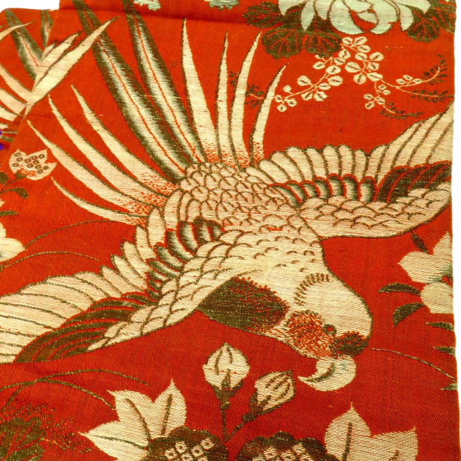 昔 子供帯 アンティーク 正絹 丸帯仕立 オレンジ ベージュ 紫 茶 鳥 セキセイインコ 花 レトロ 大正ロマン 昔着物 長さ321cm |  | 04