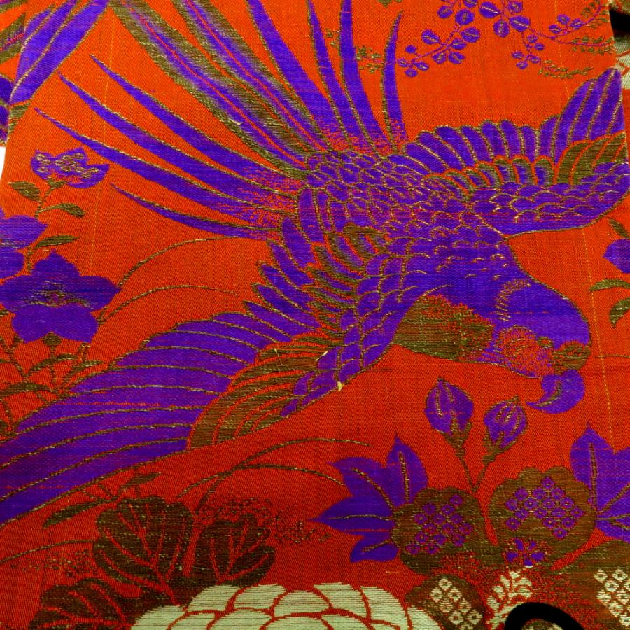 昔 子供帯 アンティーク 正絹 丸帯仕立 オレンジ ベージュ 紫 茶 鳥 セキセイインコ 花 レトロ 大正ロマン 昔着物 長さ321cm |  | 05