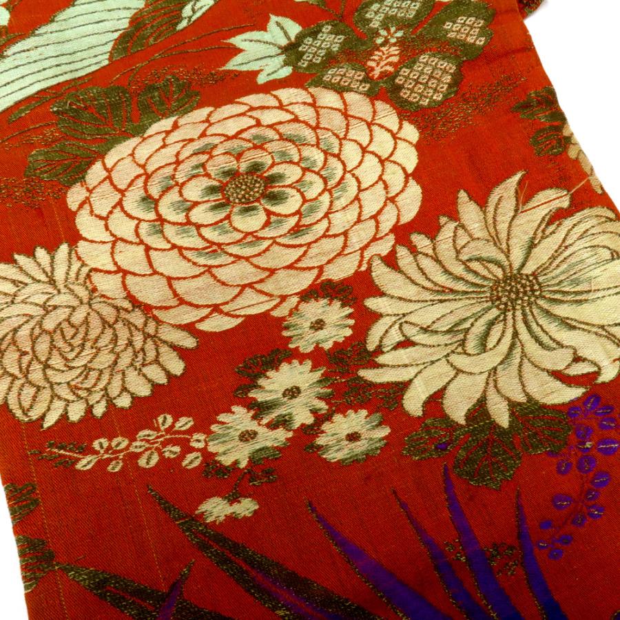 昔 子供帯 アンティーク 正絹 丸帯仕立 オレンジ ベージュ 紫 茶 鳥 セキセイインコ 花 レトロ 大正ロマン 昔着物 長さ321cm |  | 06