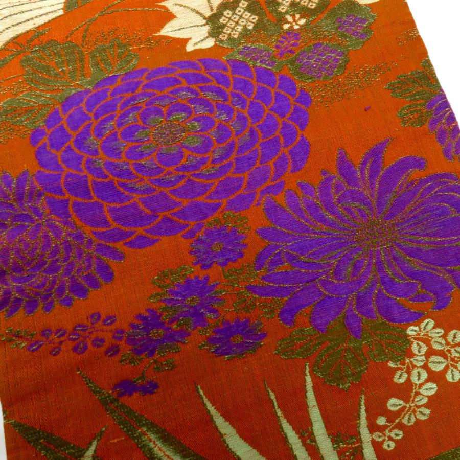 昔 子供帯 アンティーク 正絹 丸帯仕立 オレンジ ベージュ 紫 茶 鳥 セキセイインコ 花 レトロ 大正ロマン 昔着物 長さ321cm |  | 07