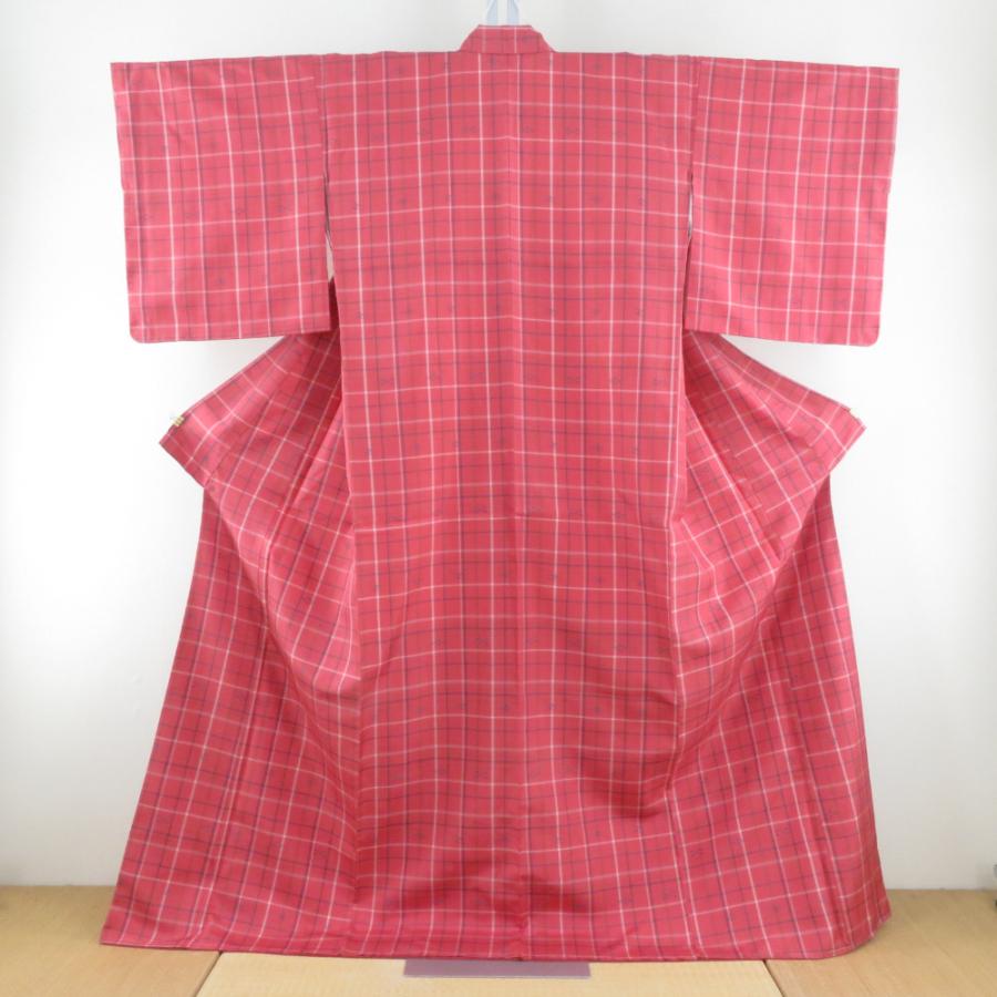 紬 着物 アンサンブル 羽織付 格子に燕文様 袷 広衿 赤ピンク色x白色