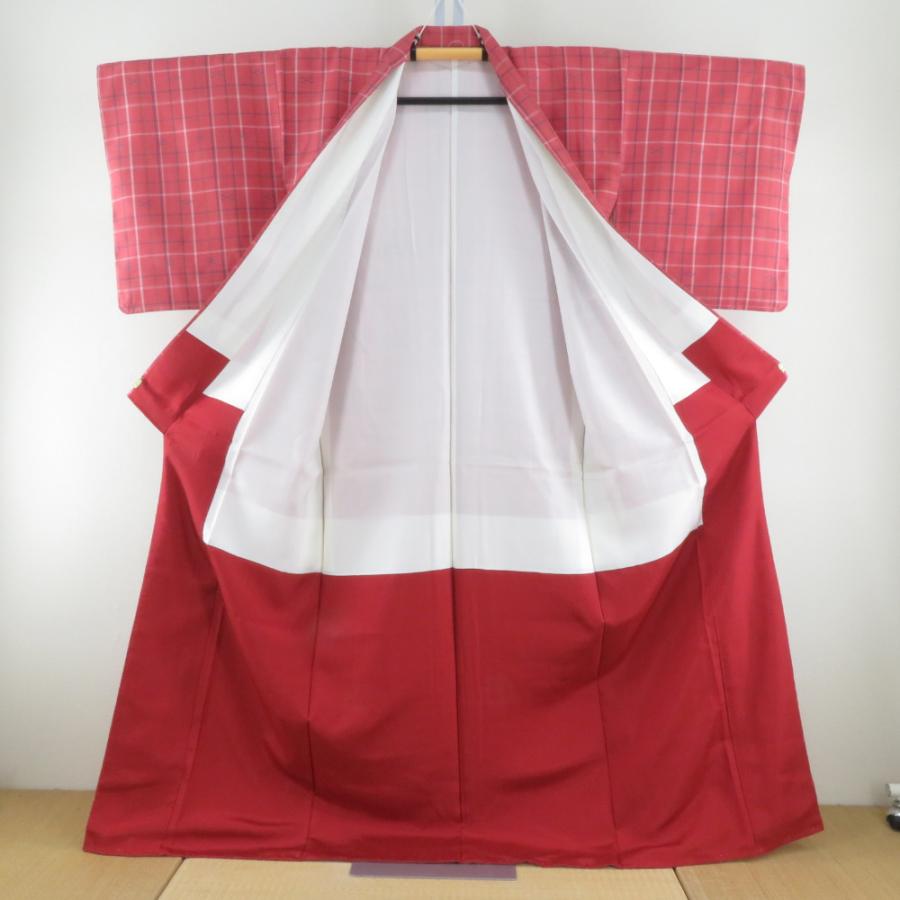 紬 着物 アンサンブル 羽織付 格子に燕文様 袷 広衿 赤ピンク色x白色