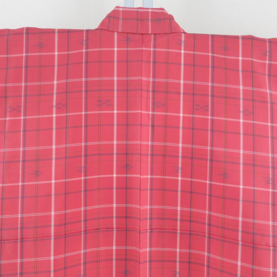 紬 着物 アンサンブル 羽織付 格子に燕文様 袷 広衿 赤ピンク色x白色