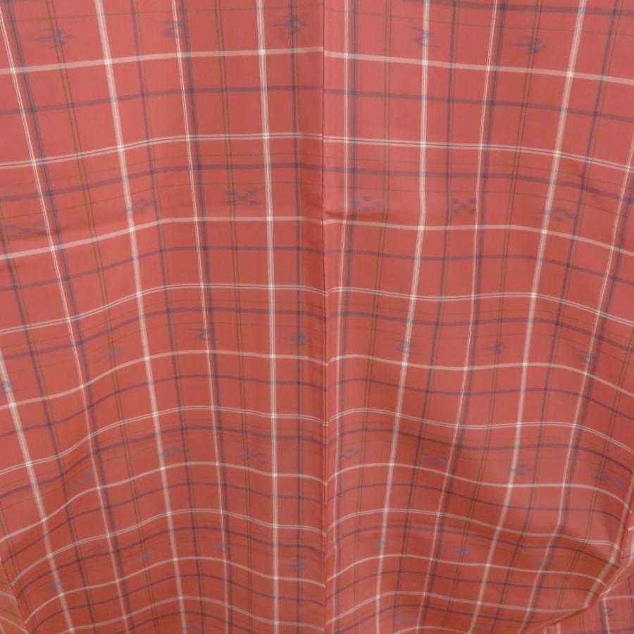 紬 着物 アンサンブル 羽織付 格子に燕文様 袷 広衿 赤ピンク色x白色