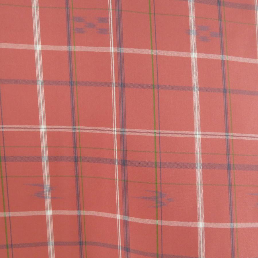 紬 着物 アンサンブル 羽織付 格子に燕文様 袷 広衿 赤ピンク色x白色