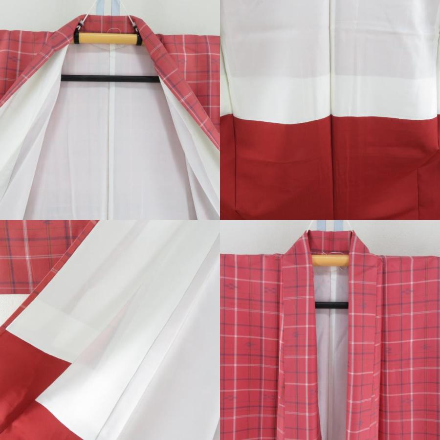 紬 着物 アンサンブル 羽織付 格子に燕文様 袷 広衿 赤ピンク色x白色