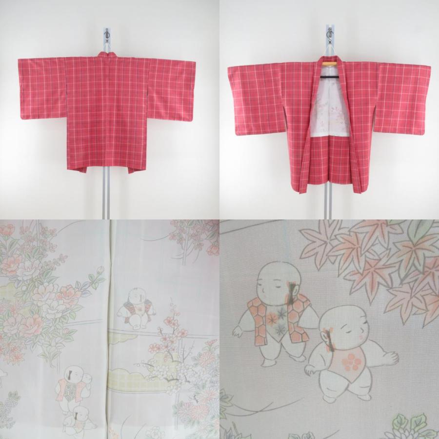 紬 着物 アンサンブル 羽織付 格子に燕文様 袷 広衿 赤ピンク色x白色