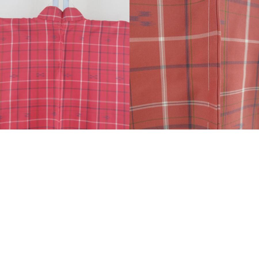 紬 着物 アンサンブル 羽織付 格子に燕文様 袷 広衿 赤ピンク色x白色
