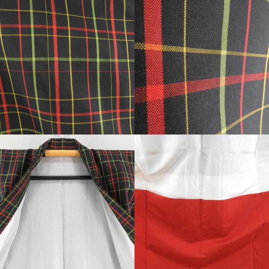 紬 着物 本場大島紬 アンサンブル 羽織付 格子文様 袷 バチ衿 黒色x