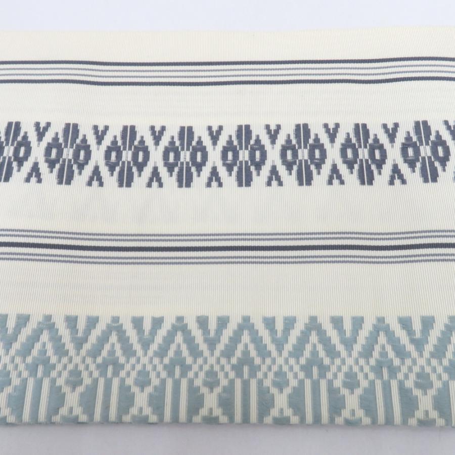 名古屋帯 作り帯 付帯 単帯 正絹 オフホワイト×青系 献上柄 仕立て