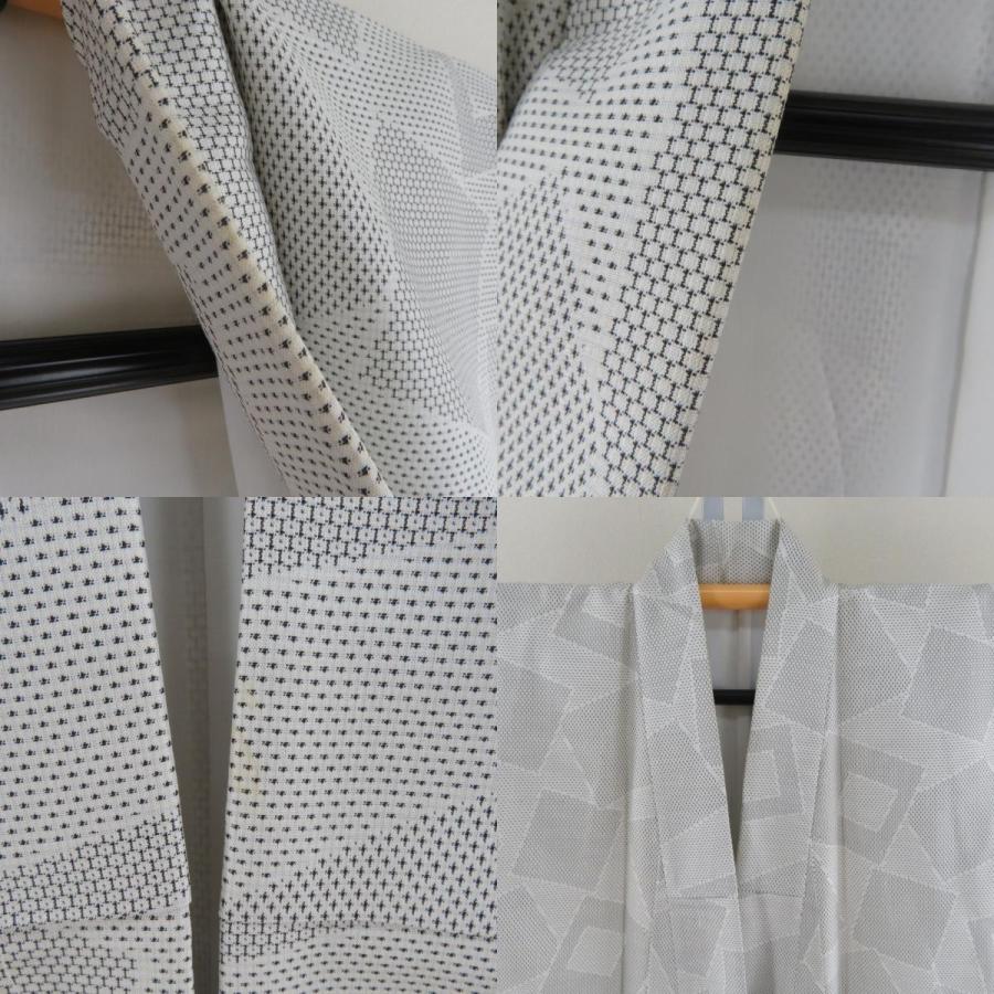 紬 着物 四角模様 白色ｘ黒色 格子に亀甲 バチ衿 絹 仕立て上がり着物 身丈160cm |  | 09