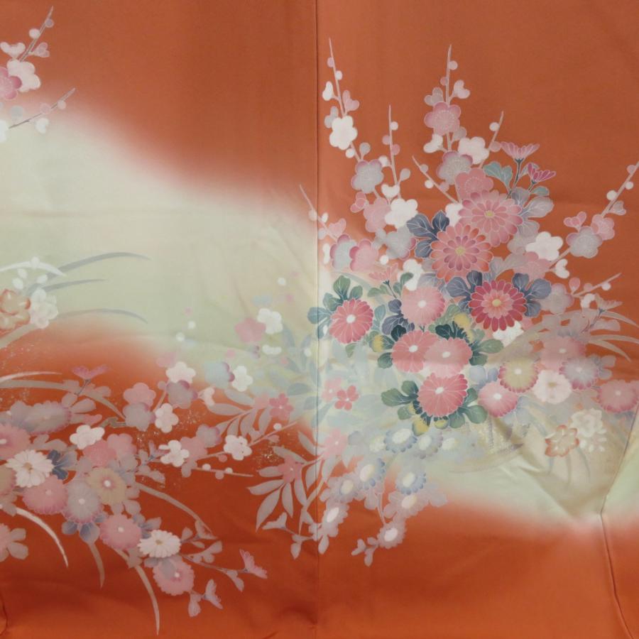 訪問着 オレンジ色x黄色x多色 ぼかし染め 拍入り 花籠文 落款入り 広
