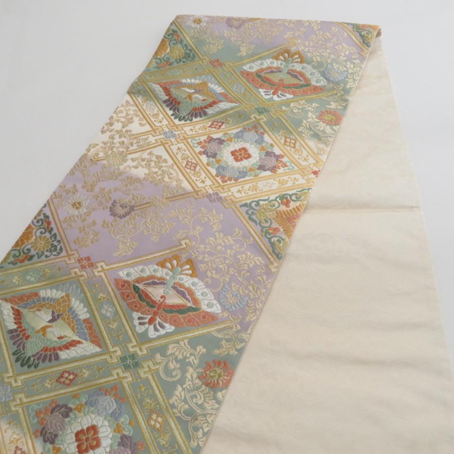 袋帯 唐織 金糸 六通柄 ゴールドx多色 菱型に唐草文様 正絹 仕立て