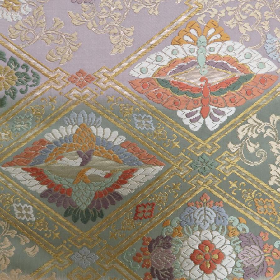 袋帯 唐織 金糸 六通柄 ゴールドｘ多色 菱型に唐草文様 正絹 仕立て上がり 長さ440cm 【キモノオフ野々市若松店】 袋帯 唐織 金糸 六通柄 ゴールドx多色 菱型に唐草文様 正絹 仕立て