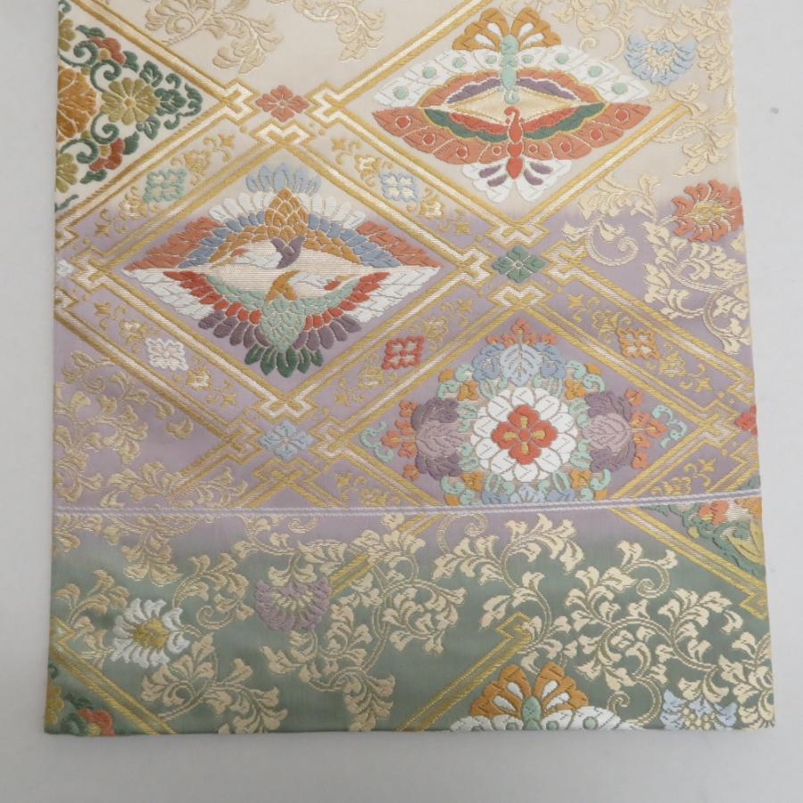 袋帯 唐織 金糸 六通柄 ゴールドx多色 菱型に唐草文様 正絹 仕立て