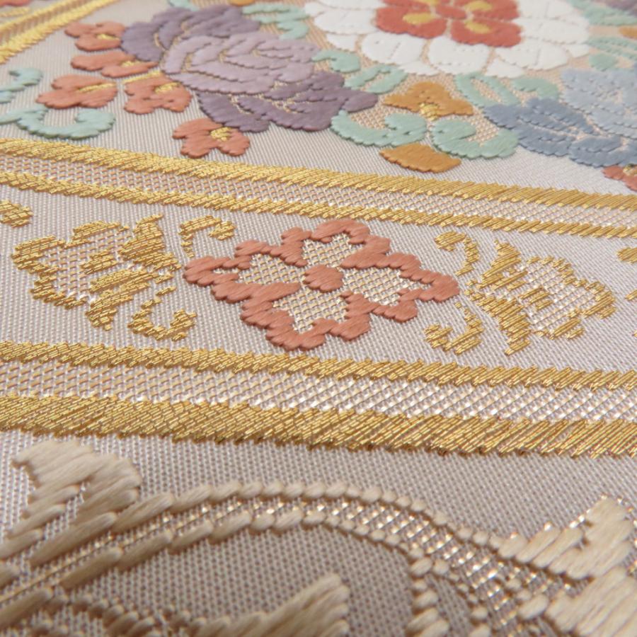 袋帯 唐織 金糸 六通柄 ゴールドx多色 菱型に唐草文様 正絹 仕立て