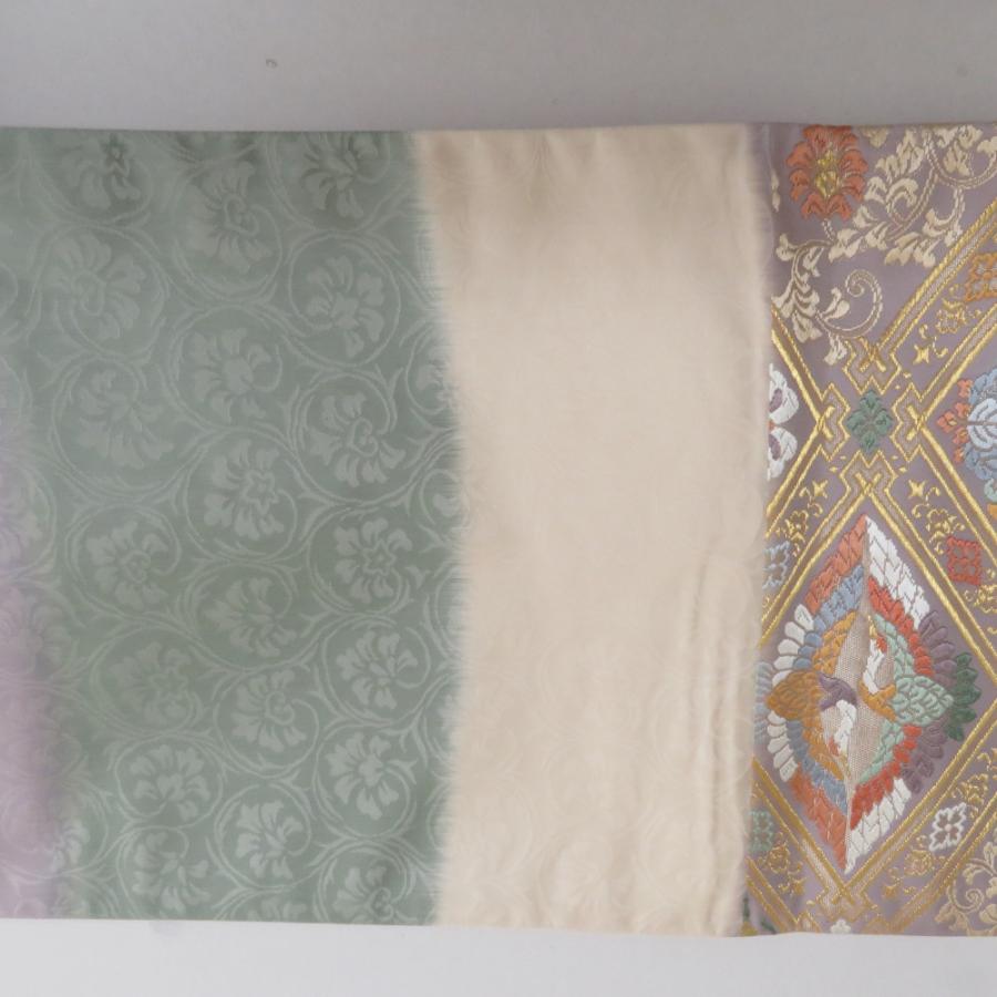 袋帯 唐織 金糸 六通柄 ゴールドx多色 菱型に唐草文様 正絹 仕立て