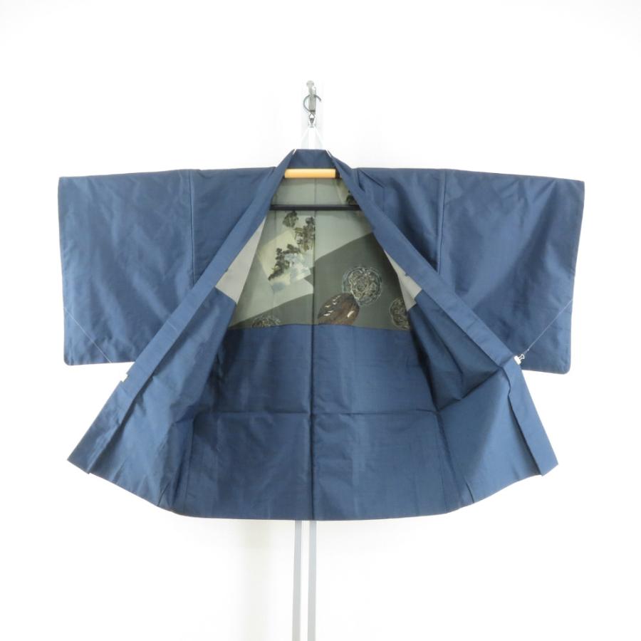 男着物 紬 アンサンブル 袷 黒色x紺色 正絹 男性用きもの 羽織 セット