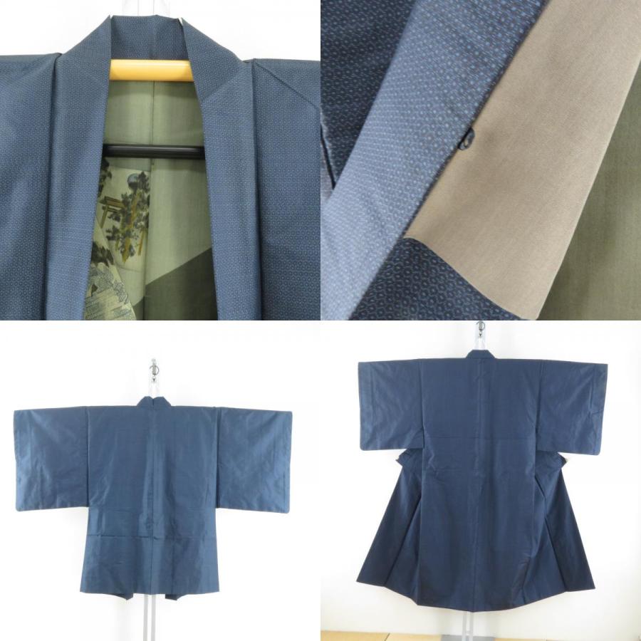 男着物 紬 アンサンブル 袷 黒色x紺色 正絹 男性用きもの 羽織 セット
