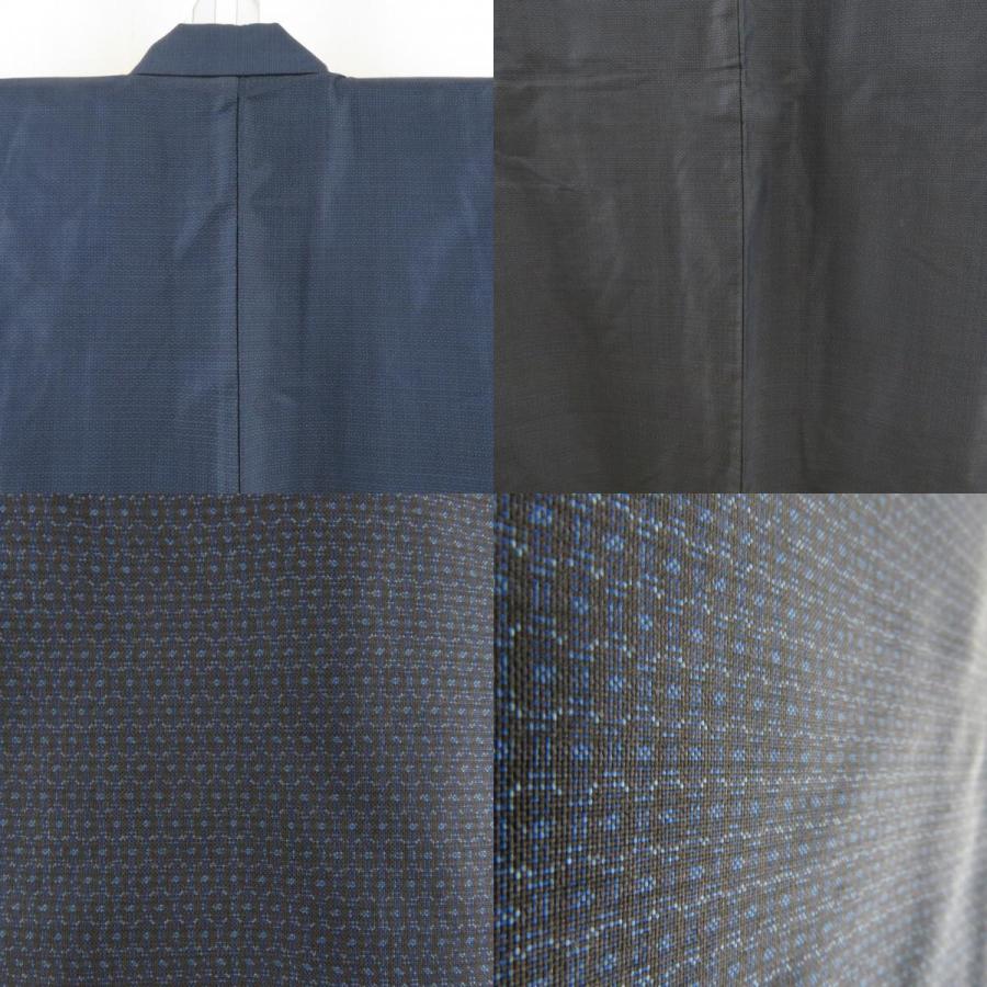 男着物 紬 アンサンブル 袷 黒色x紺色 正絹 男性用きもの 羽織 セット