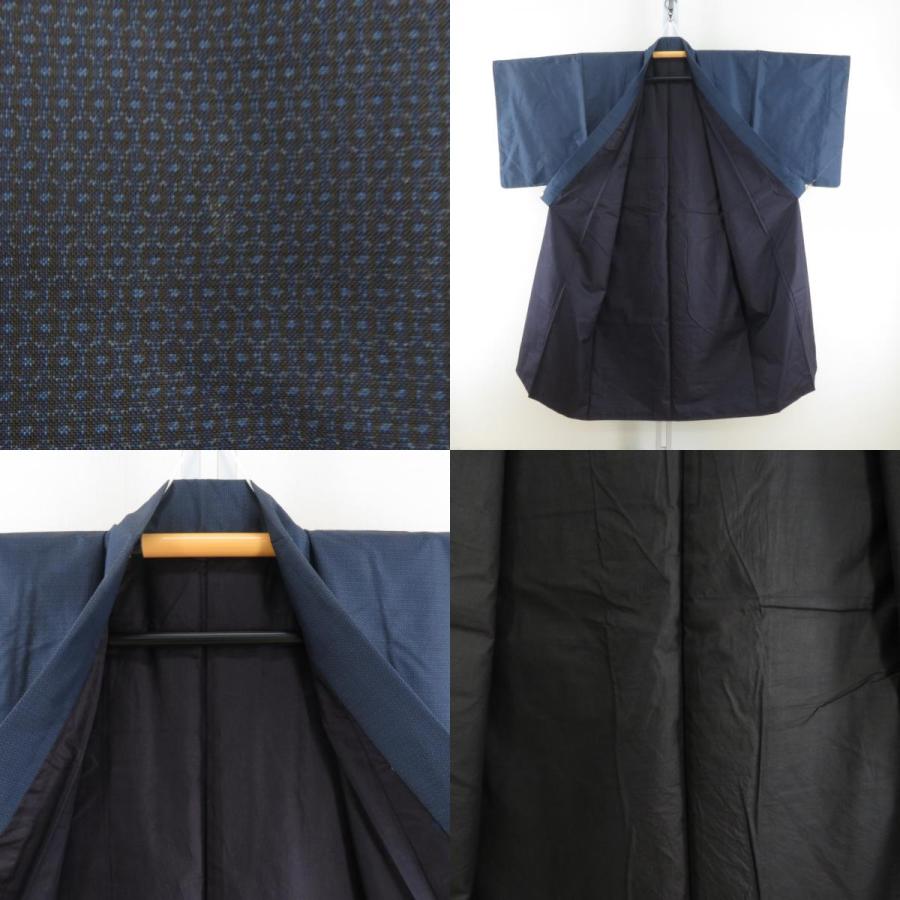 男着物 紬 アンサンブル 袷 黒色x紺色 正絹 男性用きもの 羽織 セット