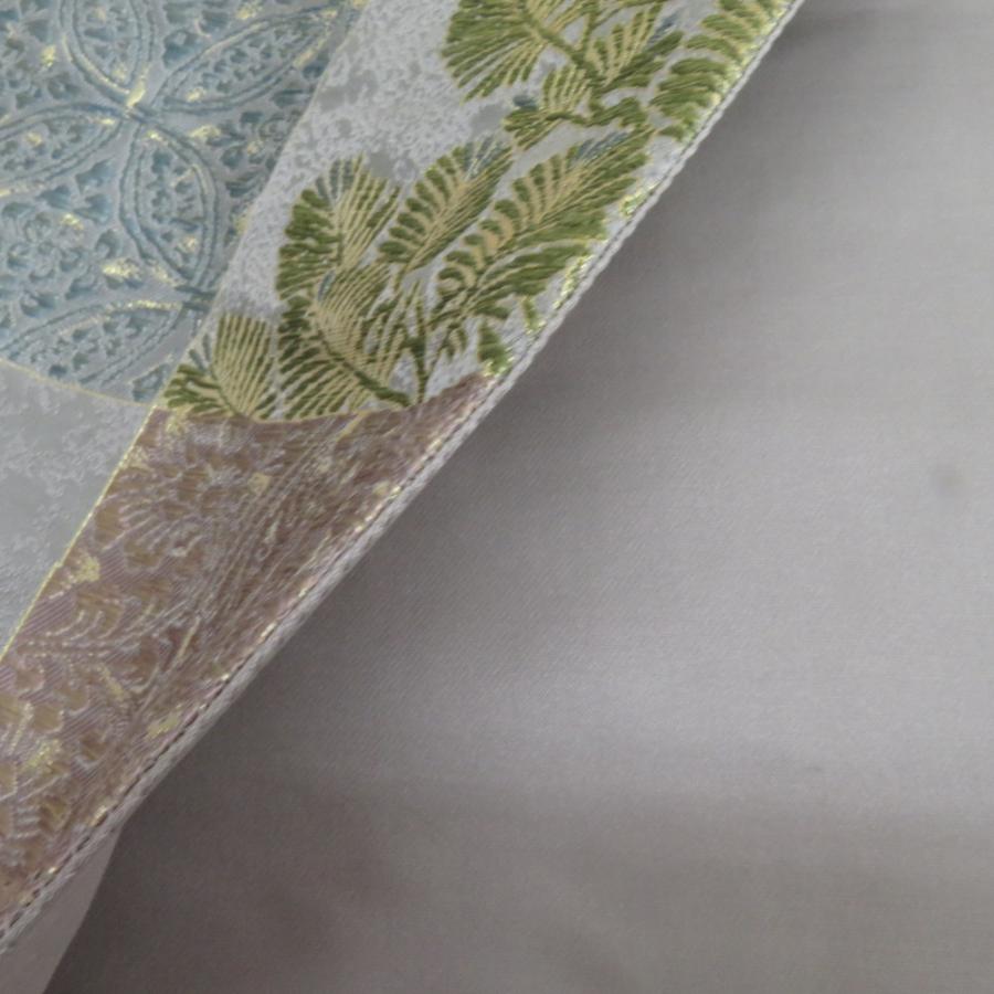 袋帯 振袖用 金糸銀糸 グレーx多色 市松に花々紋様 六通柄 正絹