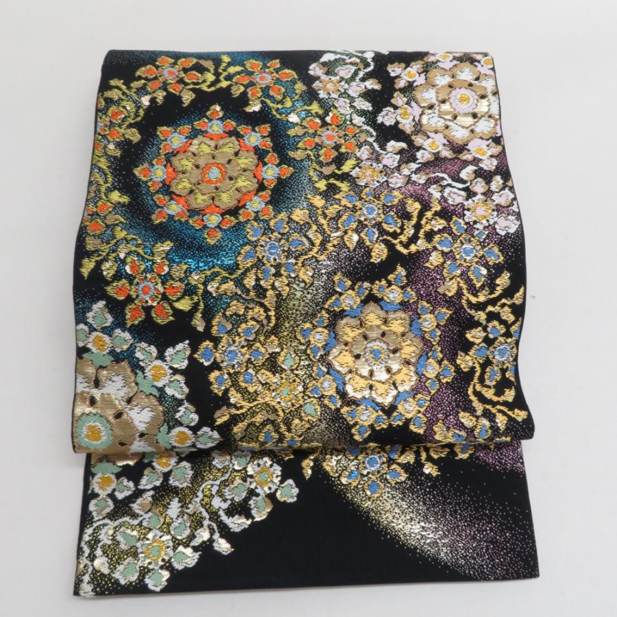 袋帯 たつむら 八綾彩環文 六通柄 黒色ｘ金色ｘ多色 カラフル 金糸銀糸 正絹 仕立て上がり 長さ432cm | 