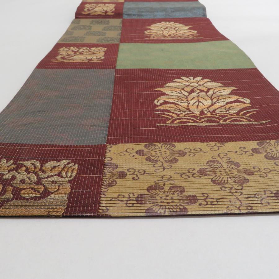 袋帯 草木染倭紙 金糸 市松に花兎文様 六通柄 エンジ色x多色 正絹