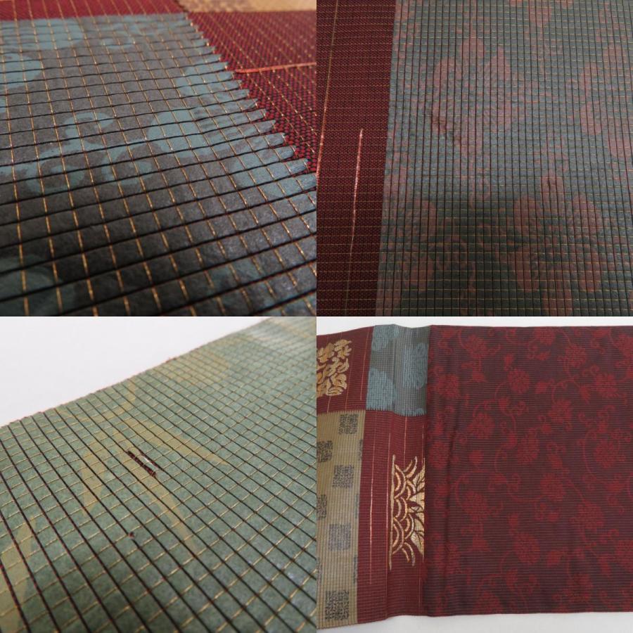 袋帯 草木染倭紙 金糸 市松に花兎文様 六通柄 エンジ色x多色 正絹