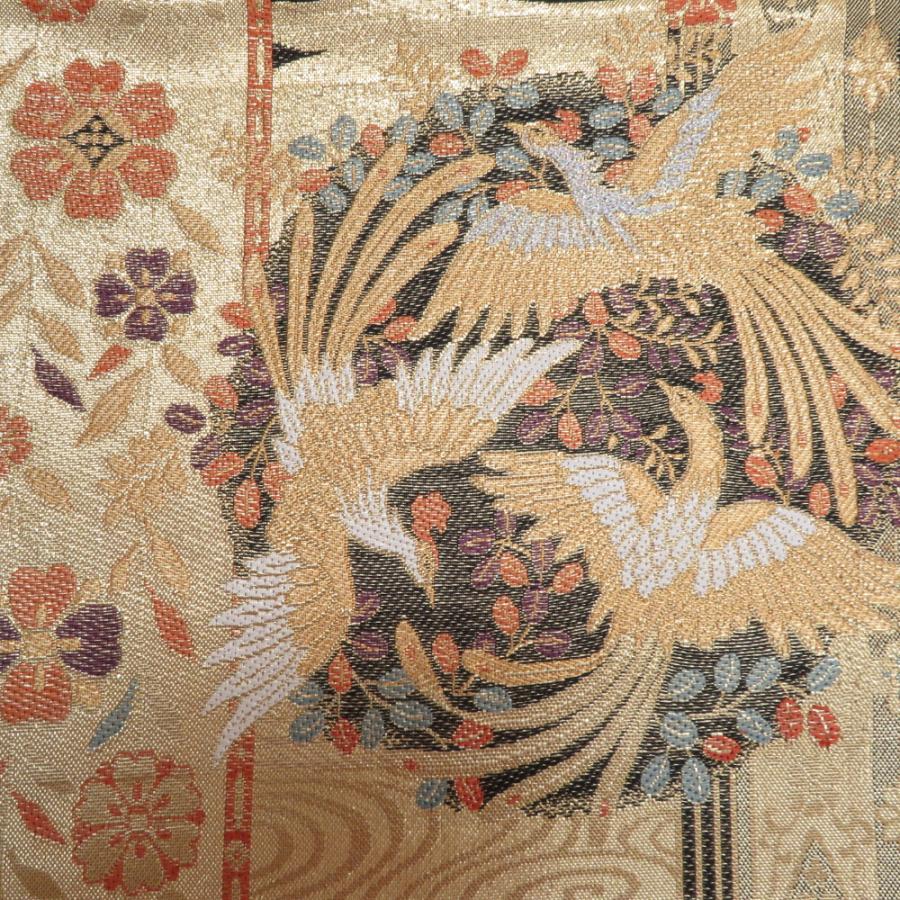 袋帯 正絹 金色ｘ黒色ｘ多色 丸文に花鳥蝶々 ゴールド系 六通柄 金糸 フォーマル 礼装 長さ432cm |  | 02