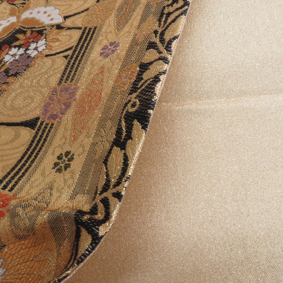 袋帯 正絹 金色ｘ黒色ｘ多色 丸文に花鳥蝶々 ゴールド系 六通柄 金糸 フォーマル 礼装 長さ432cm |  | 06