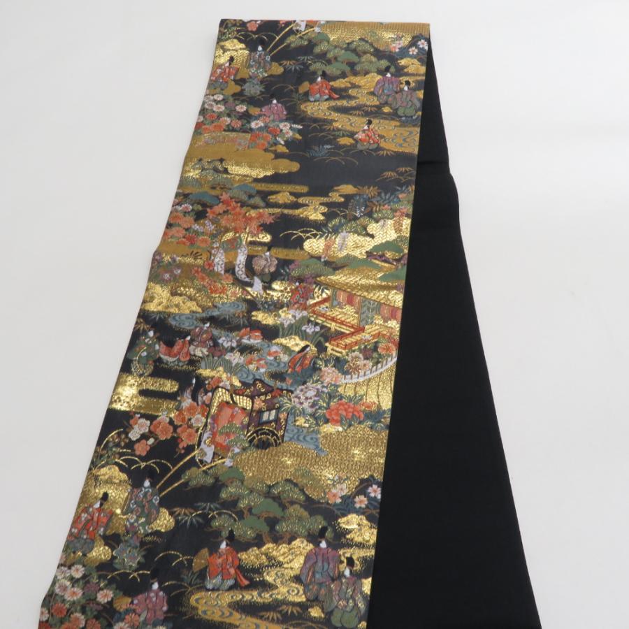 袋帯 正絹 朱金錦 本金重ね箔 黒色ｘ金色ｘ多色 金糸 平安文様 源氏 六通柄 フォーマル 礼装 長さ440cm【中古】 【キモノオフ野々市若松店】 袋帯 正絹 朱金錦 本金重ね箔 黒色x金色x多色 金糸 平安文様 源氏 六