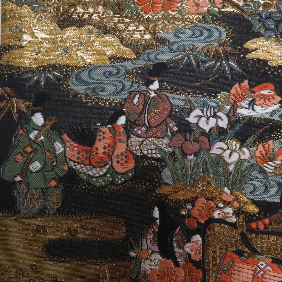 袋帯 正絹 朱金錦 本金重ね箔 黒色x金色x多色 金糸 平安文様 源氏 六