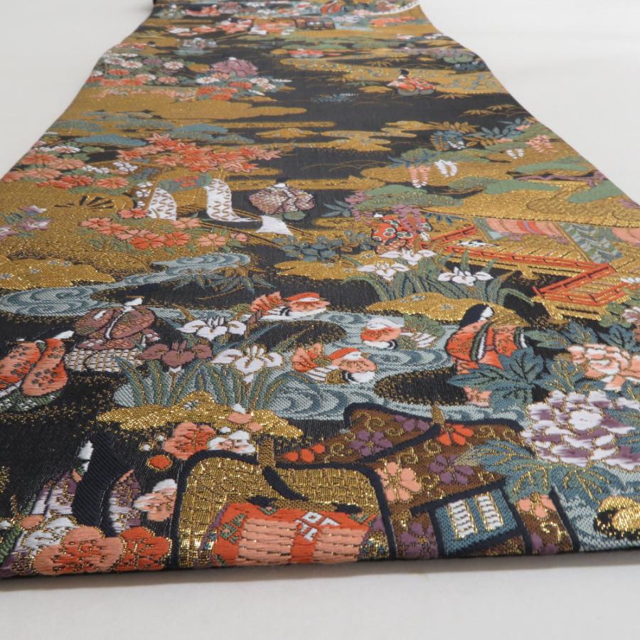 袋帯 正絹 朱金錦 本金重ね箔 黒色x金色x多色 金糸 平安文様 源氏 六