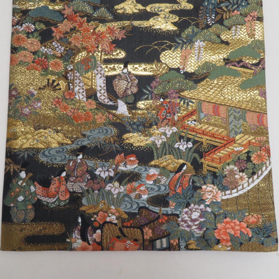 袋帯 正絹 朱金錦 本金重ね箔 黒色ｘ金色ｘ多色 金糸 平安文様 源氏 六通柄 フォーマル 礼装 長さ440cm【中古】 【キモノオフ野々市若松店】 袋帯 正絹 朱金錦 本金重ね箔 黒色x金色x多色 金糸 平安文様 源氏 六