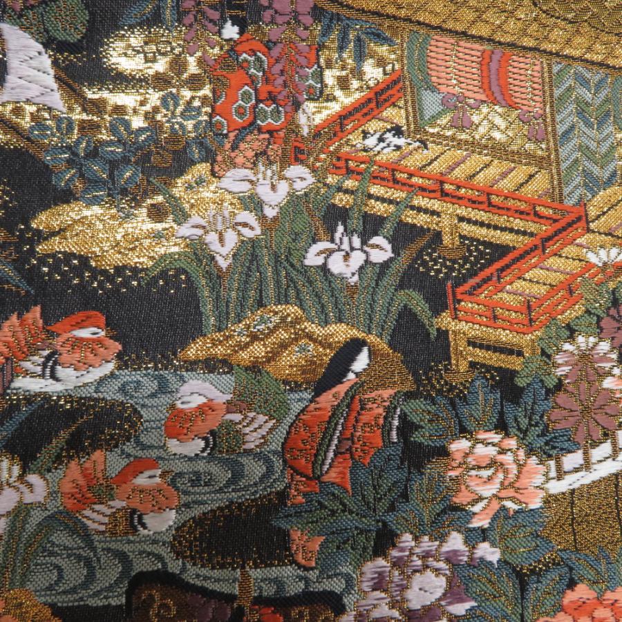 袋帯 正絹 朱金錦 本金重ね箔 黒色x金色x多色 金糸 平安文様 源氏 六