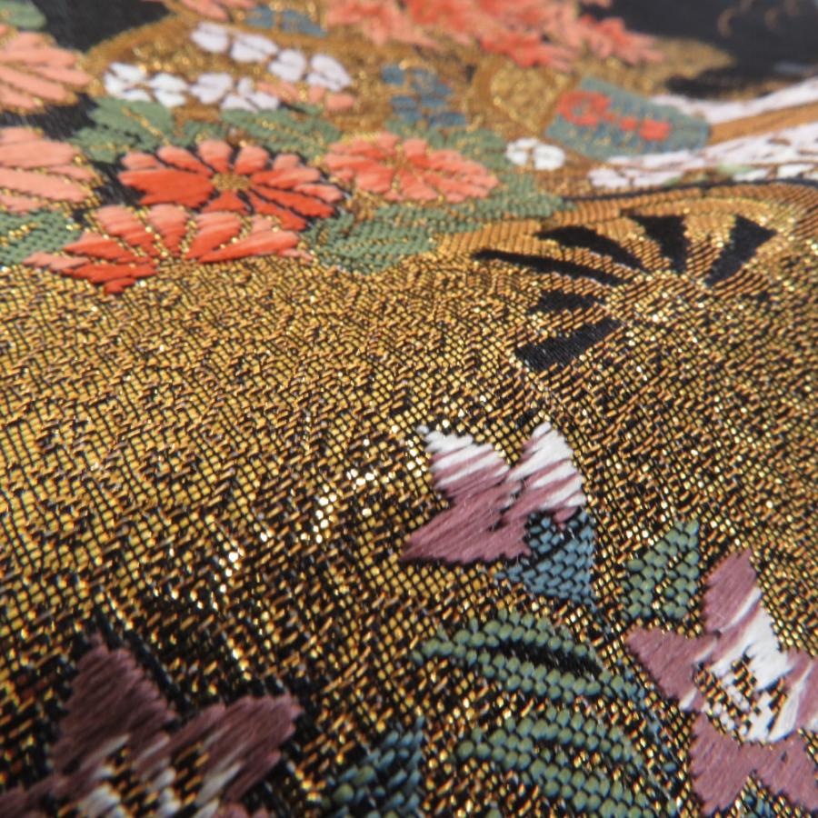 袋帯 正絹 朱金錦 本金重ね箔 黒色x金色x多色 金糸 平安文様 源氏 六