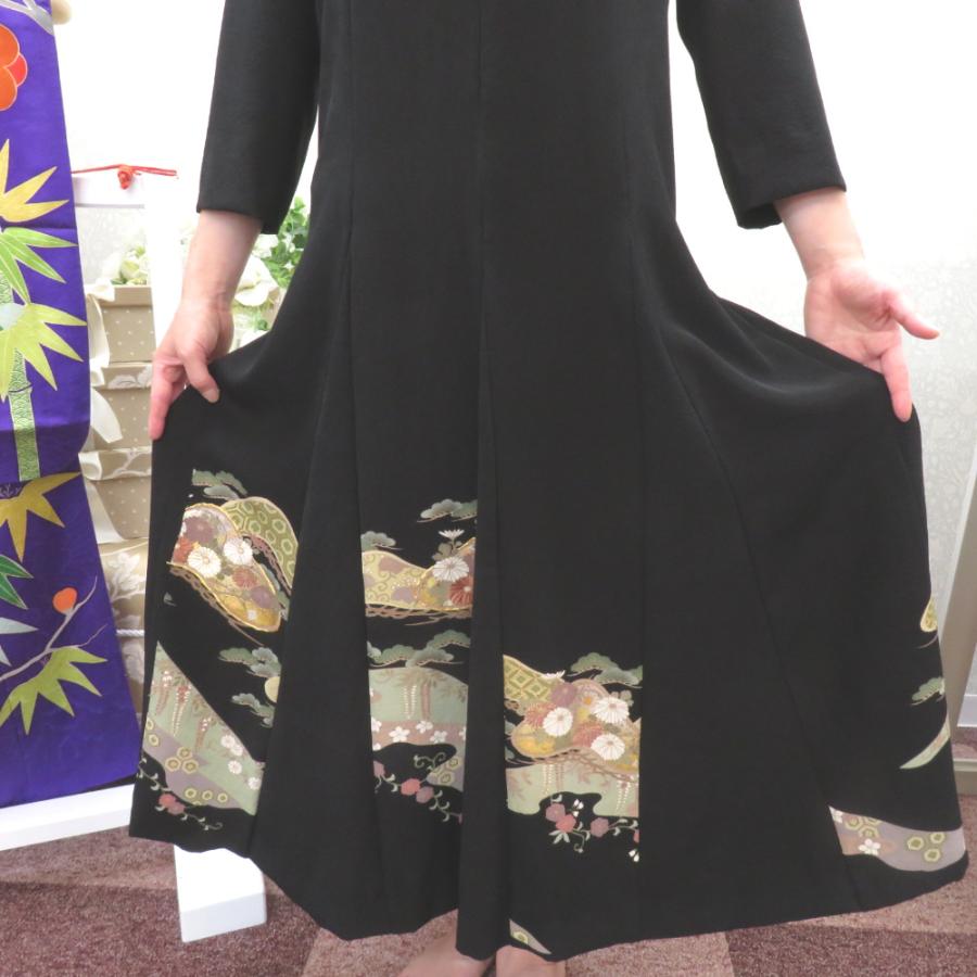 黒留袖 黒留袖ワンピース 松に花々文様 正絹 箔入り Mサイズ 礼装