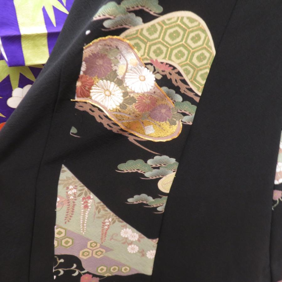黒留袖 黒留袖ワンピース 松に花々文様 正絹 箔入り Mサイズ 礼装