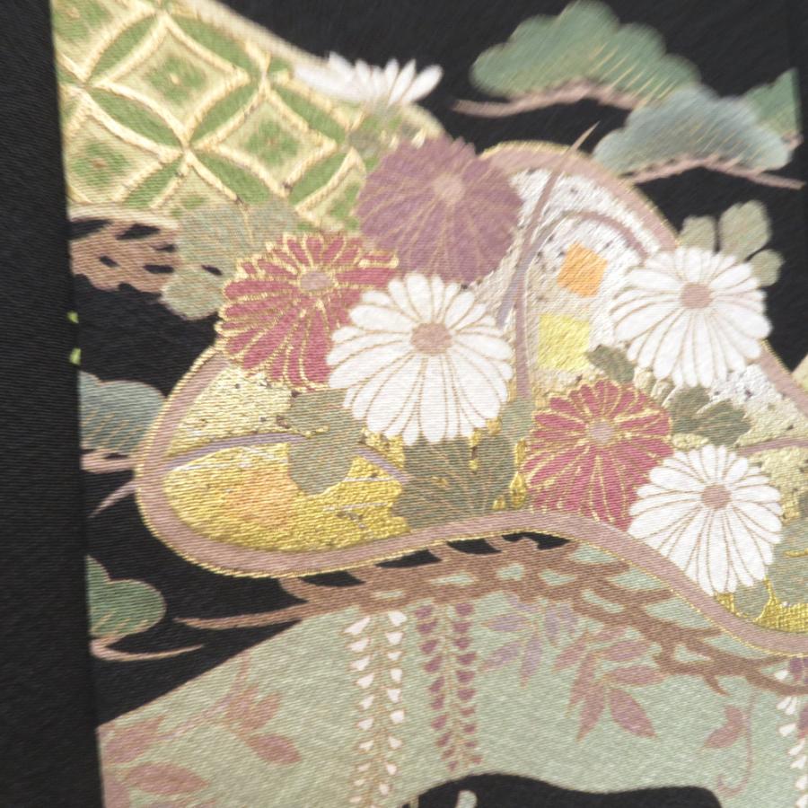 黒留袖 黒留袖ワンピース 松に花々文様 正絹 箔入り Mサイズ 礼装